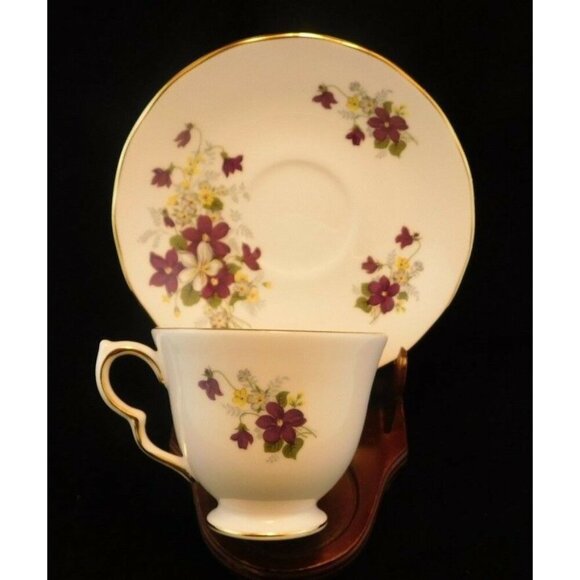 Royal Vale English Bone China Tea Cup Saucer With Violets Design Gold Trim - Picture 7 of 10